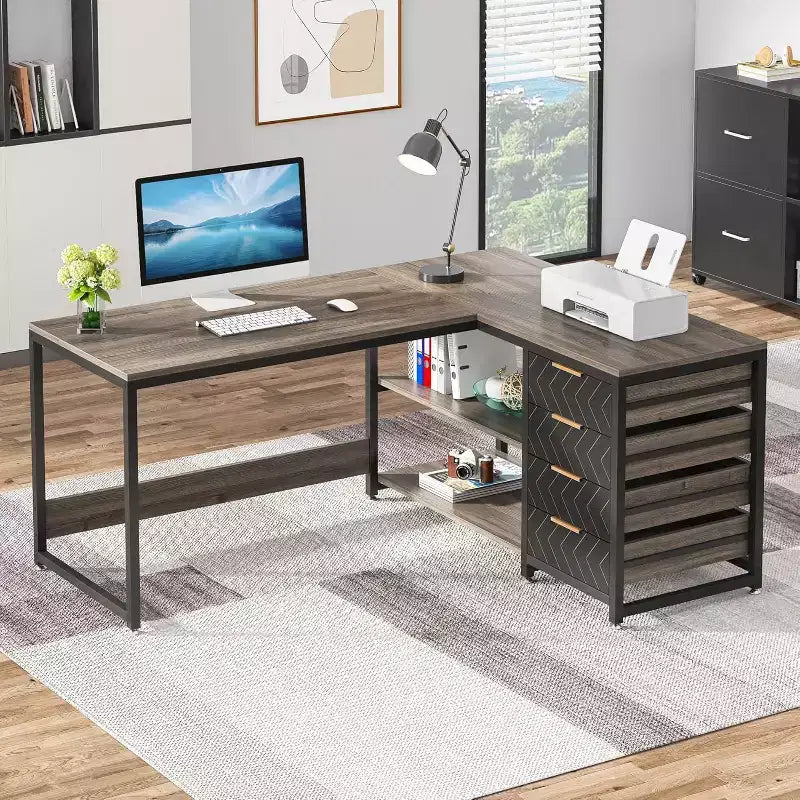 Lantine 59-Inch L-Shaped Computer Desk with Storage Drawers and Shelves, Reversible Corner Desk for Home Office, Grey