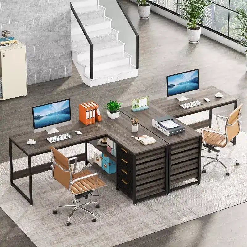 Lantine 59-Inch L-Shaped Computer Desk with Storage Drawers and Shelves, Reversible Corner Desk for Home Office, Grey