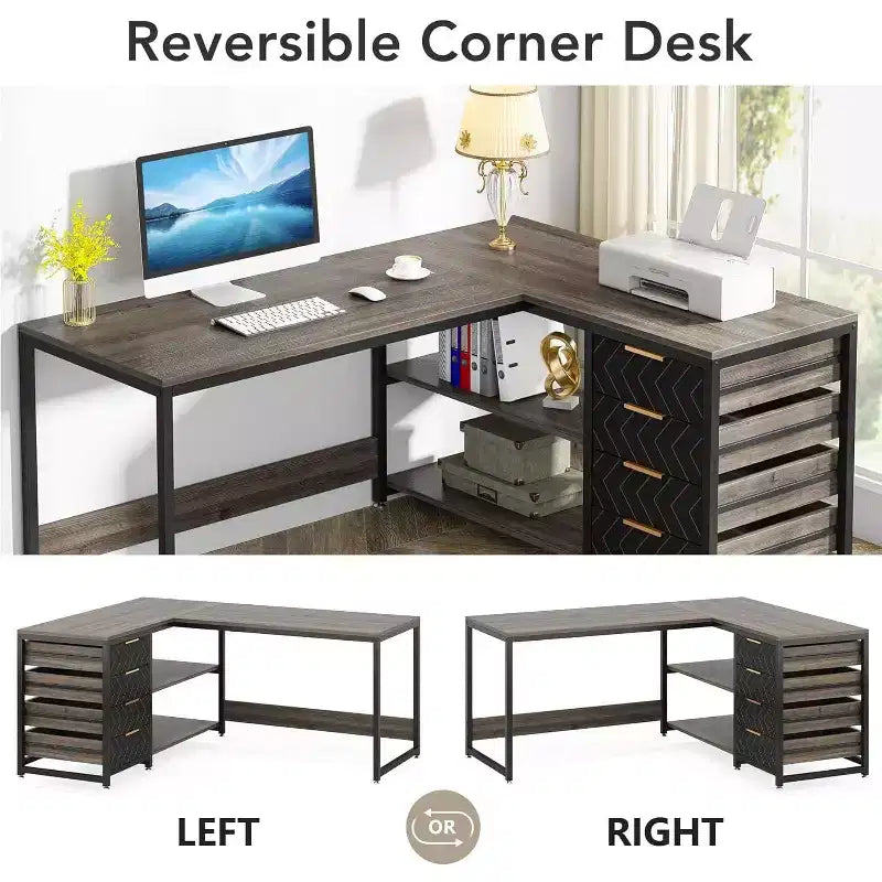 Lantine 59-Inch L-Shaped Computer Desk with Storage Drawers and Shelves, Reversible Corner Desk for Home Office, Grey