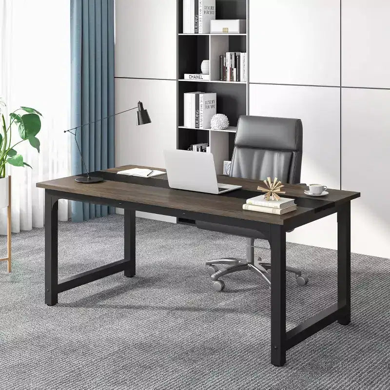 Lantine 63-Inch Executive Desk, Large Office Computer Desk with Thick Frame, Modern Workstation for Home Office, Vintage Grey/Black