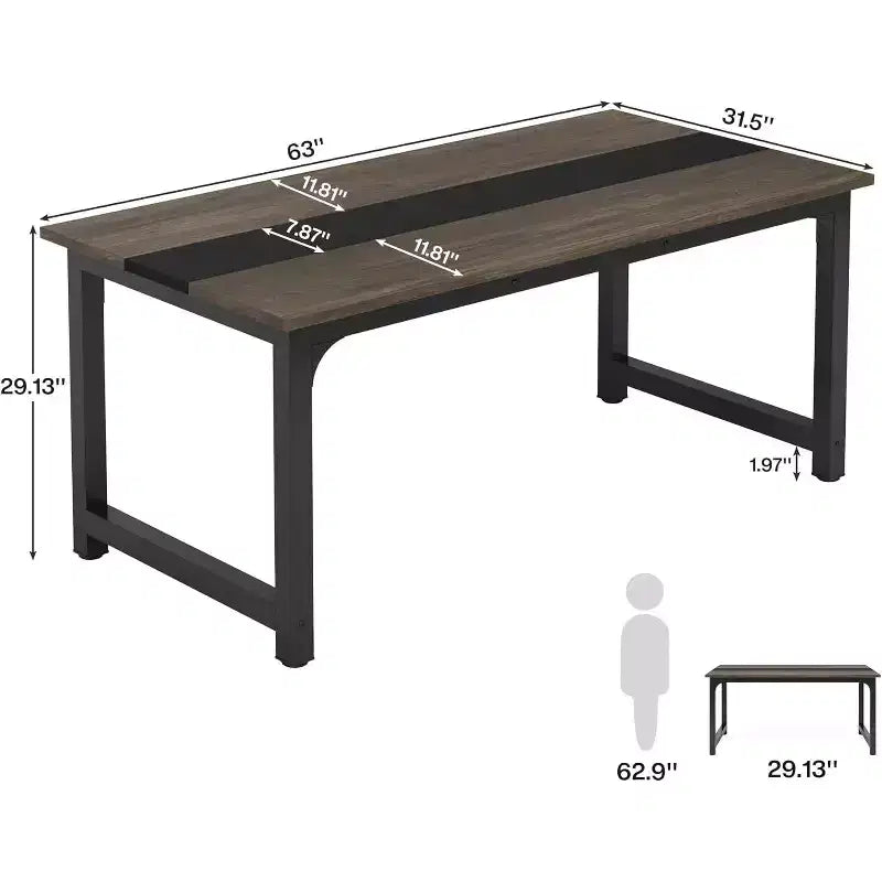 Lantine 63-Inch Executive Desk, Large Office Computer Desk with Thick Frame, Modern Workstation for Home Office, Vintage Grey/Black
