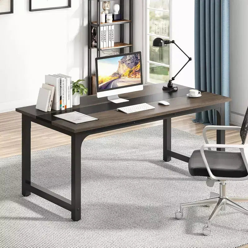 Lantine 63-Inch Executive Desk, Large Office Computer Desk with Thick Frame, Modern Workstation for Home Office, Vintage Grey/Black