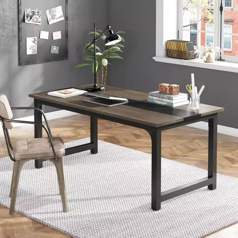 Lantine 63-Inch Executive Desk, Large Office Computer Desk with Thick Frame, Modern Workstation for Home Office, Vintage Grey/Black