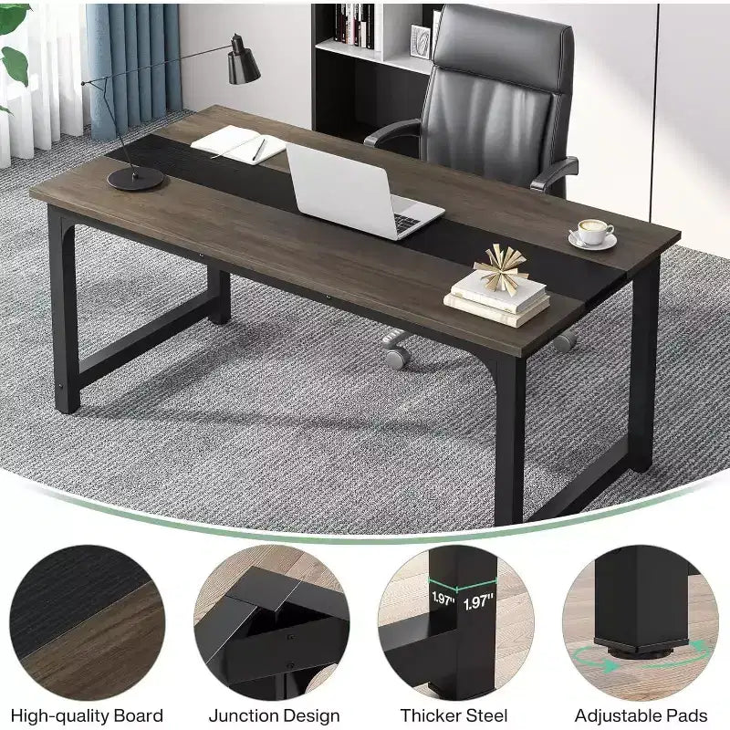 Lantine 63-Inch Executive Desk, Large Office Computer Desk with Thick Frame, Modern Workstation for Home Office, Vintage Grey/Black