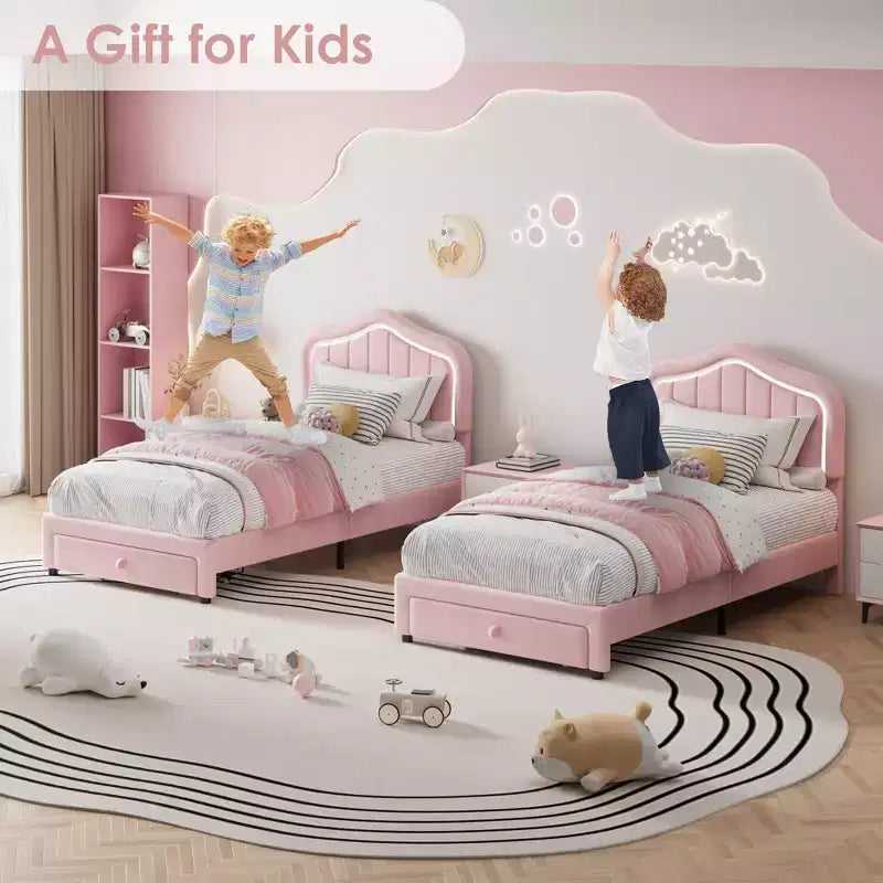 Twin Velvet Led Platform Bed with Storage Drawer & Headboard,Kids Bed Frame with Wooden Slats, No Box Spring Needed for Boys & Girls