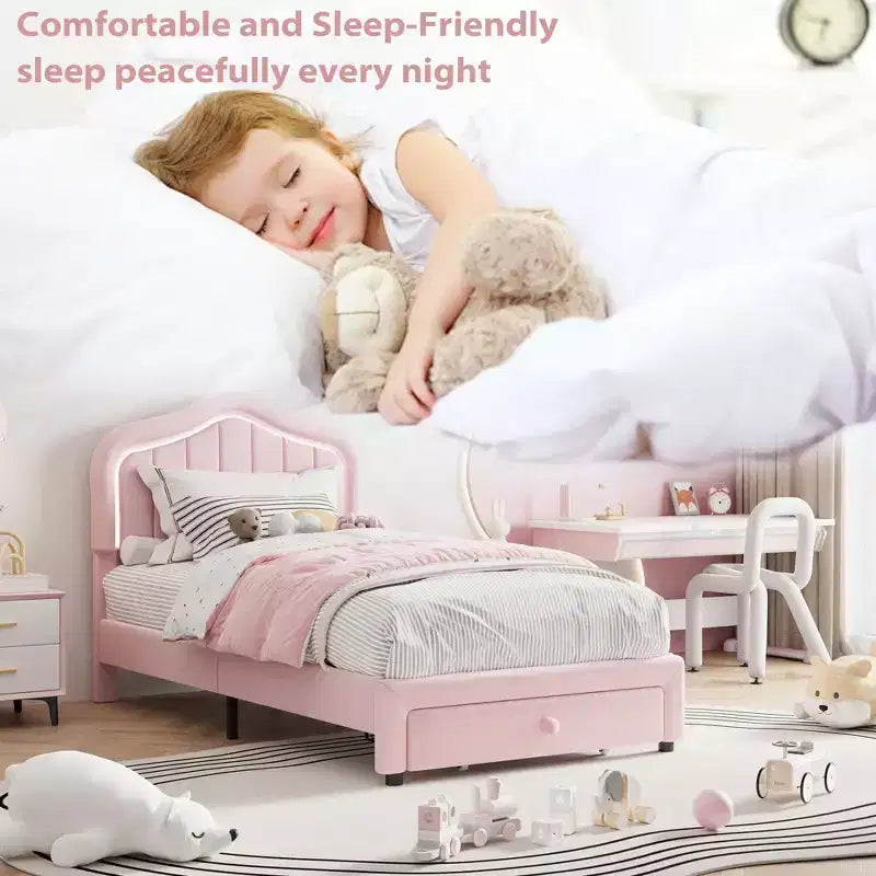 Twin Velvet Led Platform Bed with Storage Drawer & Headboard,Kids Bed Frame with Wooden Slats, No Box Spring Needed for Boys & Girls