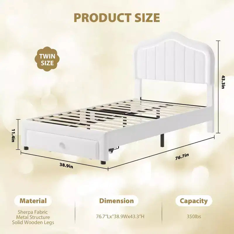 Twin Velvet Led Platform Bed with Storage Drawer & Headboard,Kids Bed Frame with Wooden Slats, No Box Spring Needed for Boys & Girls