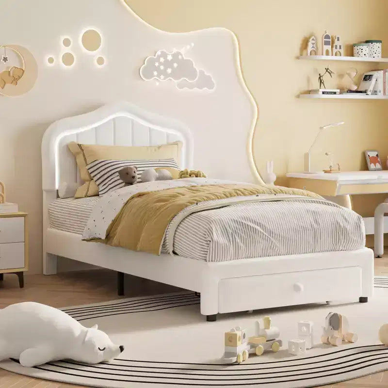 Twin Velvet Led Platform Bed with Storage Drawer & Headboard,Kids Bed Frame with Wooden Slats, No Box Spring Needed for Boys & Girls