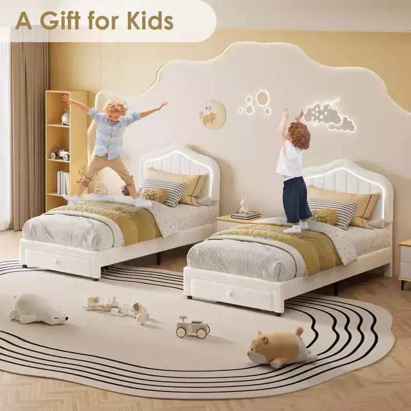 Twin Velvet Led Platform Bed with Storage Drawer & Headboard,Kids Bed Frame with Wooden Slats, No Box Spring Needed for Boys & Girls