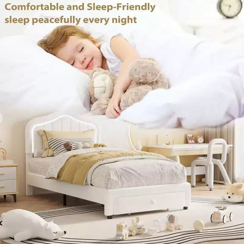 Twin Velvet Led Platform Bed with Storage Drawer & Headboard,Kids Bed Frame with Wooden Slats, No Box Spring Needed for Boys & Girls