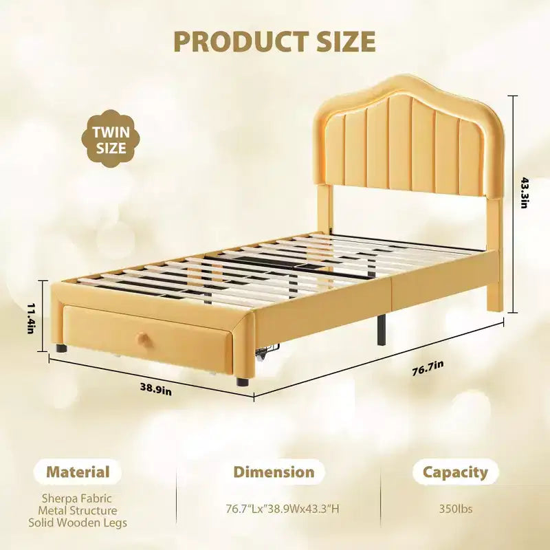Twin Velvet Led Platform Bed with Storage Drawer & Headboard,Kids Bed Frame with Wooden Slats, No Box Spring Needed for Boys & Girls