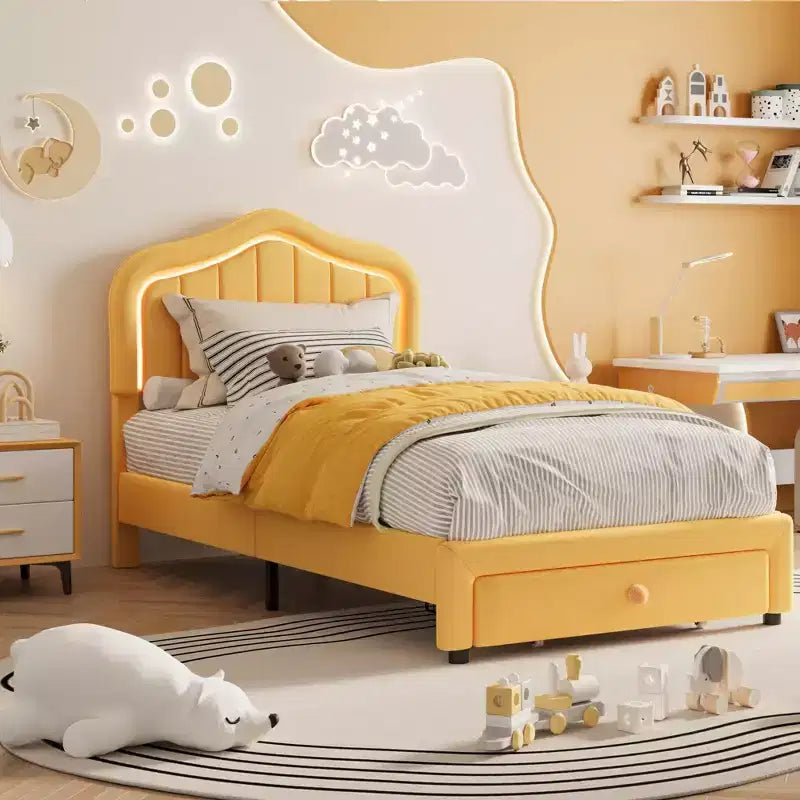 Twin Velvet Led Platform Bed with Storage Drawer & Headboard,Kids Bed Frame with Wooden Slats, No Box Spring Needed for Boys & Girls