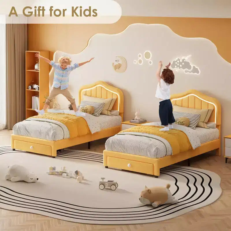 Twin Velvet Led Platform Bed with Storage Drawer & Headboard,Kids Bed Frame with Wooden Slats, No Box Spring Needed for Boys & Girls