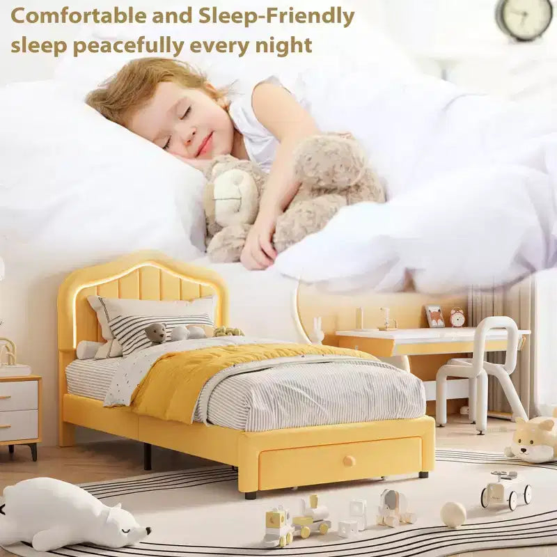 Twin Velvet Led Platform Bed with Storage Drawer & Headboard,Kids Bed Frame with Wooden Slats, No Box Spring Needed for Boys & Girls