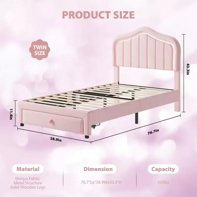 Twin Velvet Led Platform Bed with Storage Drawer & Headboard,Kids Bed Frame with Wooden Slats, No Box Spring Needed for Boys & Girls
