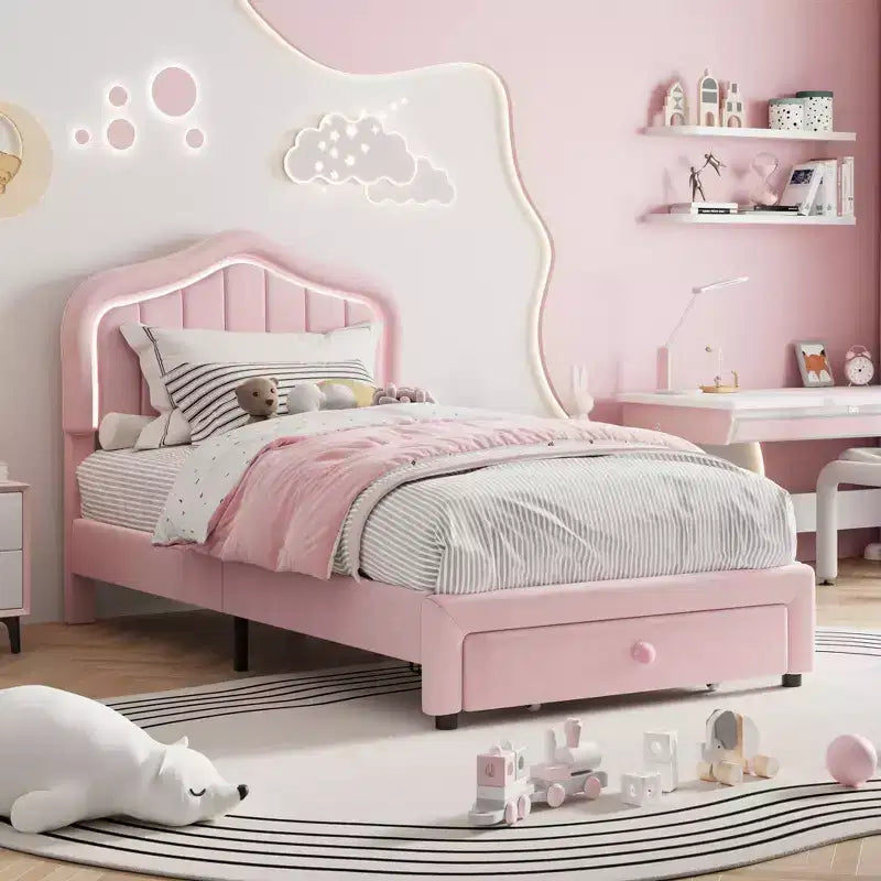 Twin Velvet Led Platform Bed with Storage Drawer & Headboard,Kids Bed Frame with Wooden Slats, No Box Spring Needed for Boys & Girls