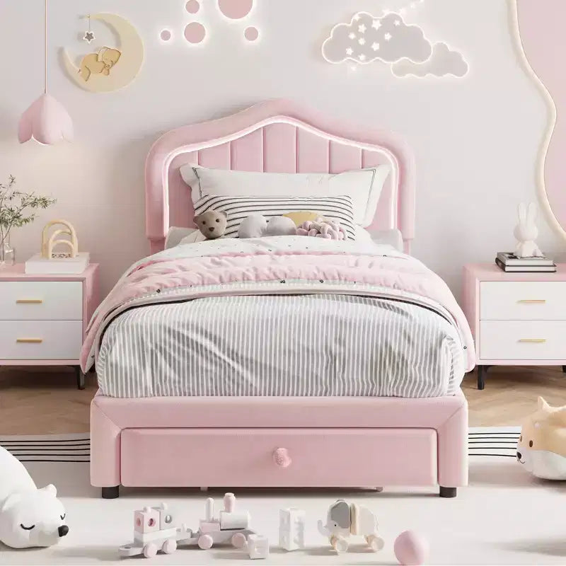 Twin Velvet Led Platform Bed with Storage Drawer & Headboard,Kids Bed Frame with Wooden Slats, No Box Spring Needed for Boys & Girls
