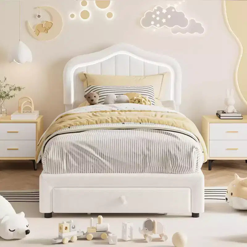 Twin Velvet Led Platform Bed with Storage Drawer & Headboard,Kids Bed Frame with Wooden Slats, No Box Spring Needed for Boys & Girls