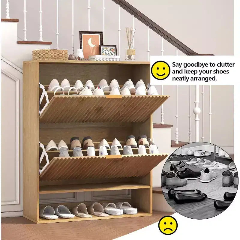 Acekool Slim Mid-Century Modern Shoe Cabinet, Flip Drawer Entryway Organizer with Adjustable Dividers and Hooks