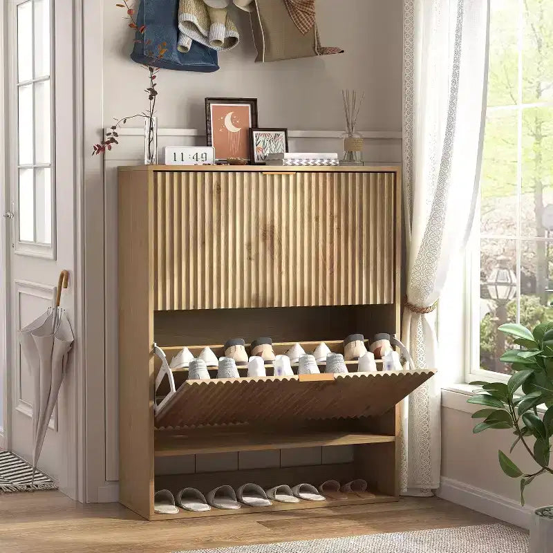 Acekool Slim Mid-Century Modern Shoe Cabinet, Flip Drawer Entryway Organizer with Adjustable Dividers and Hooks
