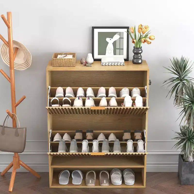Acekool Slim Mid-Century Modern Shoe Cabinet, Flip Drawer Entryway Organizer with Adjustable Dividers and Hooks