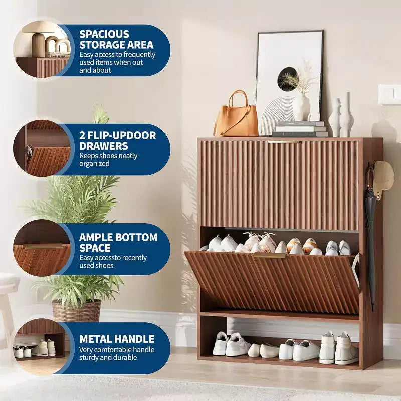 Acekool Slim Mid-Century Modern Shoe Cabinet, Flip Drawer Entryway Organizer with Adjustable Dividers and Hooks