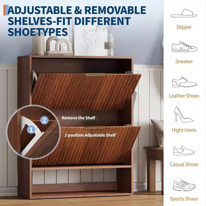 Acekool Slim Mid-Century Modern Shoe Cabinet, Flip Drawer Entryway Organizer with Adjustable Dividers and Hooks