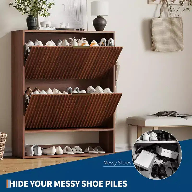 Acekool Slim Mid-Century Modern Shoe Cabinet, Flip Drawer Entryway Organizer with Adjustable Dividers and Hooks