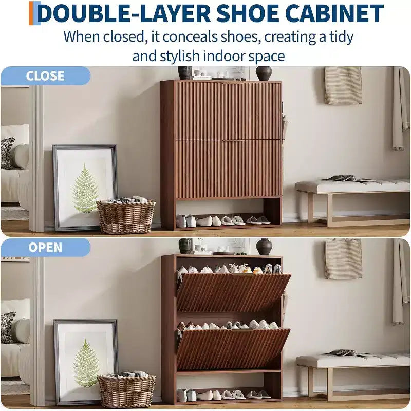 Acekool Slim Mid-Century Modern Shoe Cabinet, Flip Drawer Entryway Organizer with Adjustable Dividers and Hooks