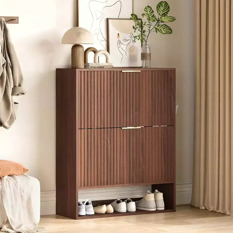 Acekool Slim Mid-Century Modern Shoe Cabinet, Flip Drawer Entryway Organizer with Adjustable Dividers and Hooks