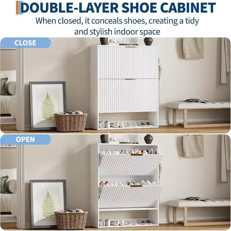 Acekool Slim Mid-Century Modern Shoe Cabinet, Flip Drawer Entryway Organizer with Adjustable Dividers and Hooks