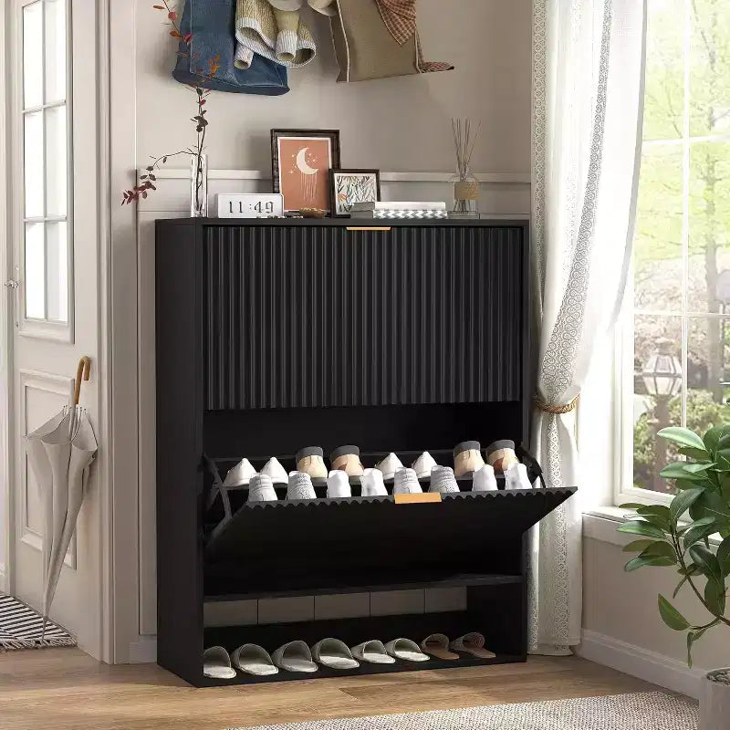Acekool Slim Mid-Century Modern Shoe Cabinet, Flip Drawer Entryway Organizer with Adjustable Dividers and Hooks