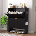 Acekool Slim Mid-Century Modern Shoe Cabinet, Flip Drawer Entryway Organizer with Adjustable Dividers and Hooks