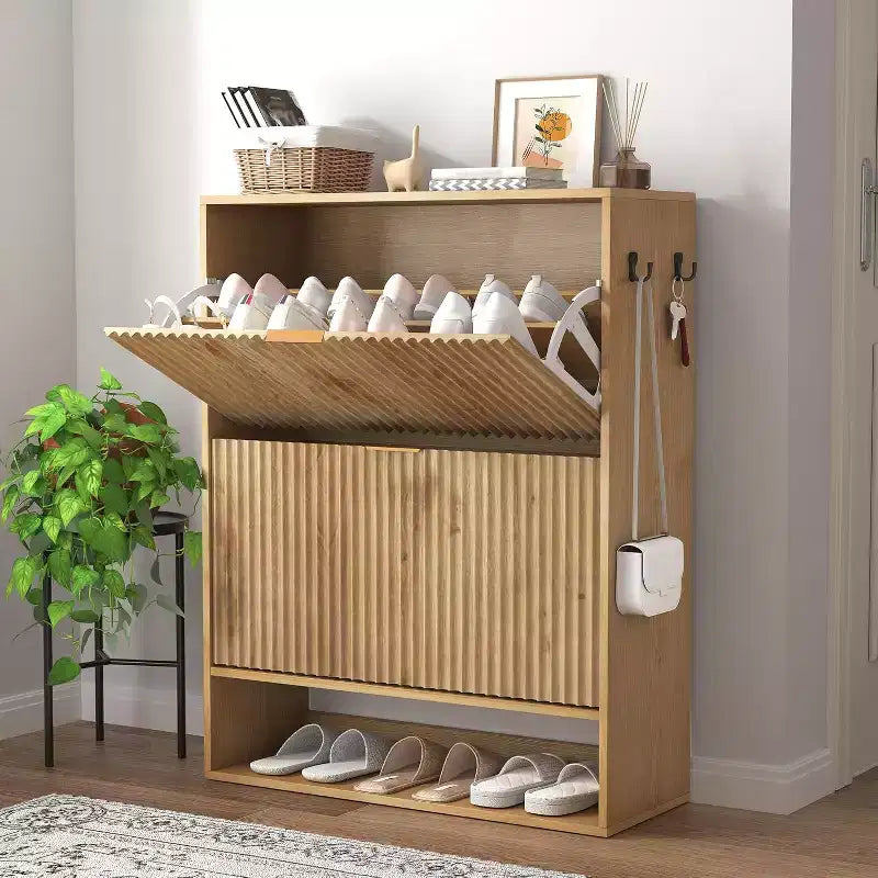 Acekool Slim Mid-Century Modern Shoe Cabinet, Flip Drawer Entryway Organizer with Adjustable Dividers and Hooks