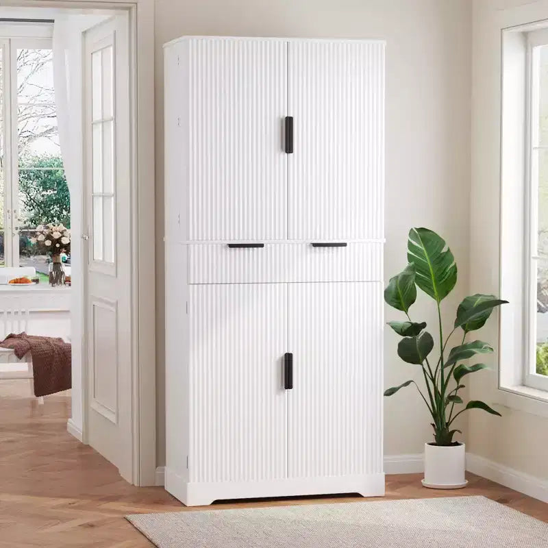 72 Tall Fluted Pantry Storage Cabinet Modern Minimalist Freestanding Wood Organizer Cabinet with Drawer, Door Rack, Pull Out Tray