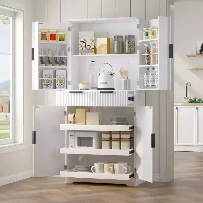 72 Tall Fluted Pantry Storage Cabinet Modern Minimalist Freestanding Wood Organizer Cabinet with Drawer, Door Rack, Pull Out Tray