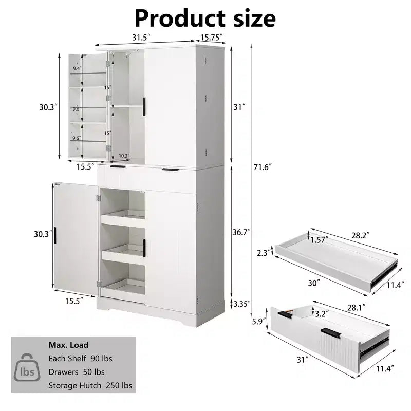 72 Tall Fluted Pantry Storage Cabinet Modern Minimalist Freestanding Wood Organizer Cabinet with Drawer, Door Rack, Pull Out Tray