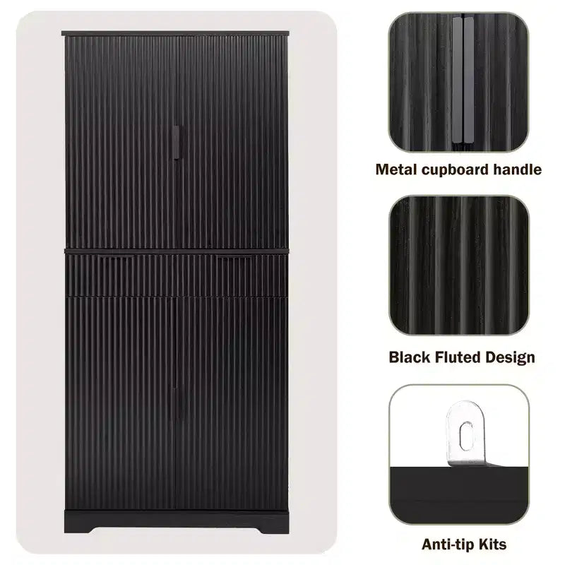 72 Tall Fluted Pantry Storage Cabinet Modern Minimalist Freestanding Wood Organizer Cabinet with Drawer, Door Rack, Pull Out Tray