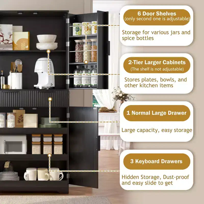 72 Tall Fluted Pantry Storage Cabinet Modern Minimalist Freestanding Wood Organizer Cabinet with Drawer, Door Rack, Pull Out Tray