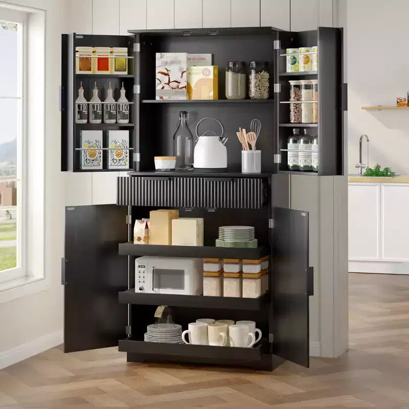 72 Tall Fluted Pantry Storage Cabinet Modern Minimalist Freestanding Wood Organizer Cabinet with Drawer, Door Rack, Pull Out Tray