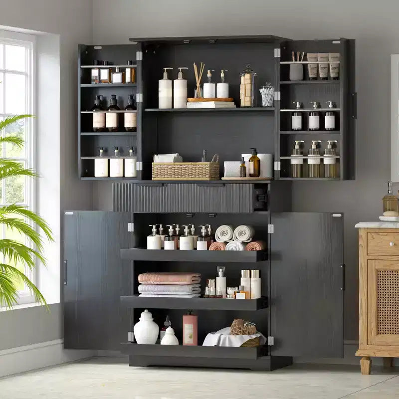 72 Tall Fluted Pantry Storage Cabinet Modern Minimalist Freestanding Wood Organizer Cabinet with Drawer, Door Rack, Pull Out Tray