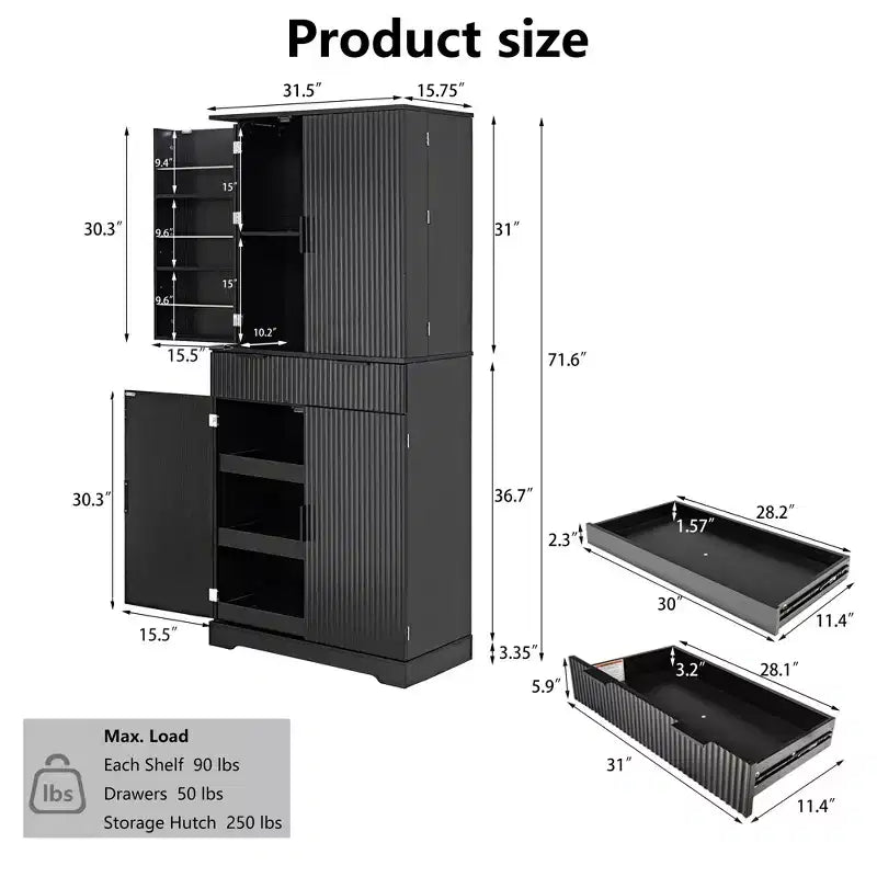 72 Tall Fluted Pantry Storage Cabinet Modern Minimalist Freestanding Wood Organizer Cabinet with Drawer, Door Rack, Pull Out Tray
