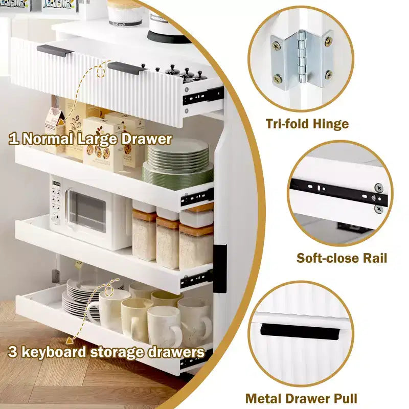 72 Tall Fluted Pantry Storage Cabinet Modern Minimalist Freestanding Wood Organizer Cabinet with Drawer, Door Rack, Pull Out Tray