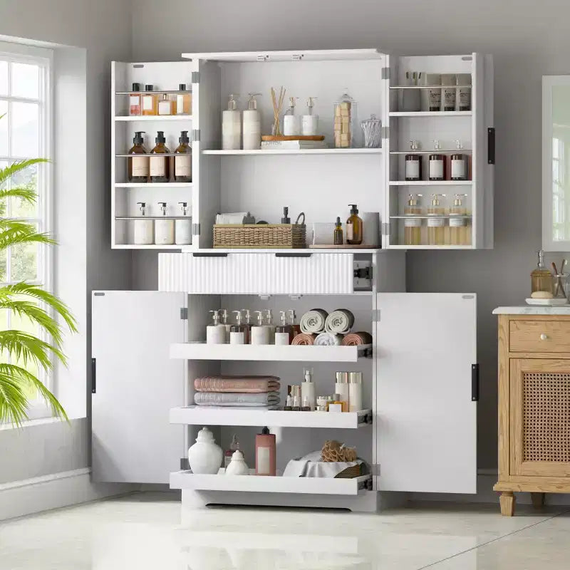 72 Tall Fluted Pantry Storage Cabinet Modern Minimalist Freestanding Wood Organizer Cabinet with Drawer, Door Rack, Pull Out Tray