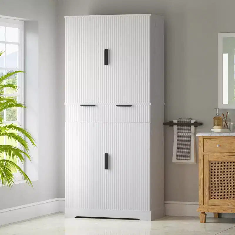 Armoire de rangement verticale cannelée de 183 cm de haut, style moderne minimaliste, en bois avec tiroir, rangement de porte et plateau coulissant