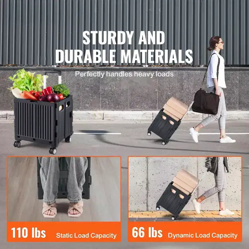 Foldable Rolling Utility Cart, 110 lb Capacity Portable Crate with Telescoping Handle and 4 Swivel Wheels, Black