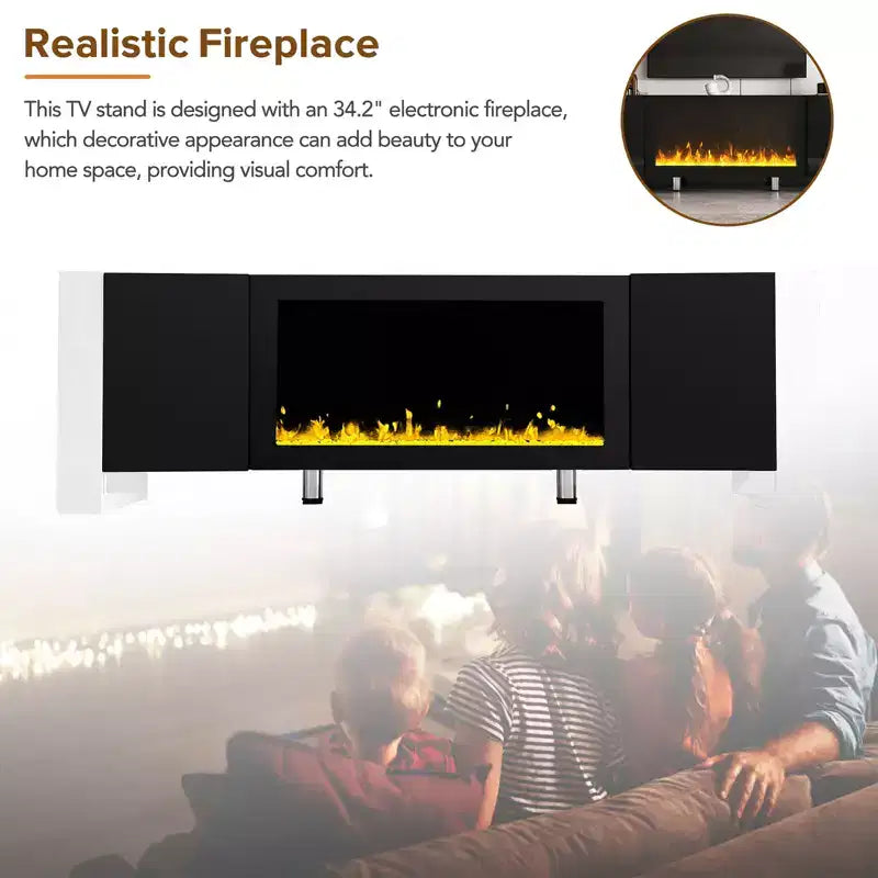 Modern Tv Stand, 2 Large Cabinets, Shelves Fireplace Tv Stand with 34.2 Electric Fireplace, Minimalist Entertainment Center TV Console