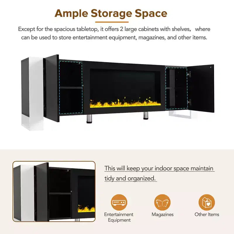 Modern Tv Stand, 2 Large Cabinets, Shelves Fireplace Tv Stand with 34.2 Electric Fireplace, Minimalist Entertainment Center TV Console