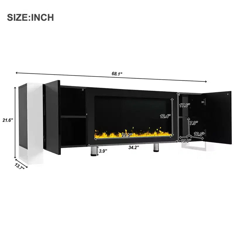 Modern Tv Stand, 2 Large Cabinets, Shelves Fireplace Tv Stand with 34.2 Electric Fireplace, Minimalist Entertainment Center TV Console