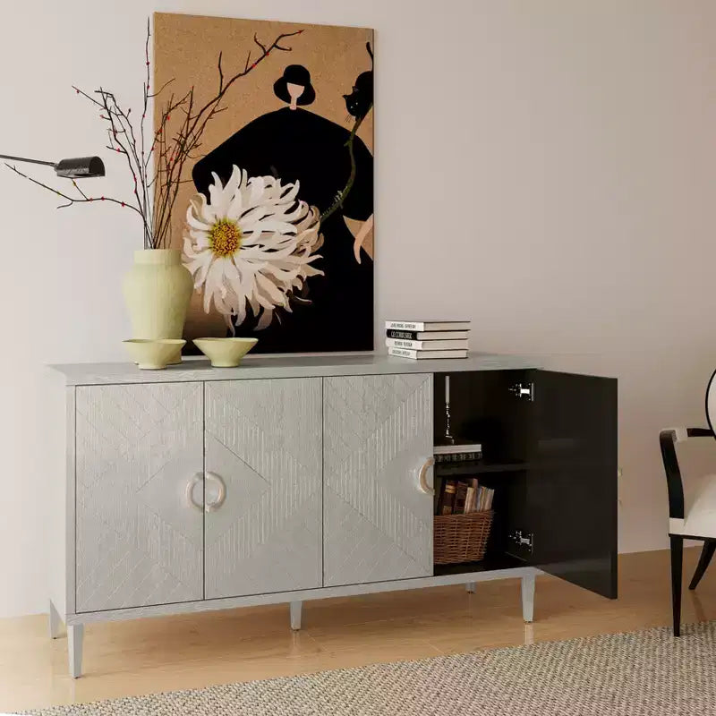 Sideboard Cabinet with 4 Carved Line Doors, Pine Legs, Zinc Alloy Semi-Circular Handles, Buffet Server Console for Living Room